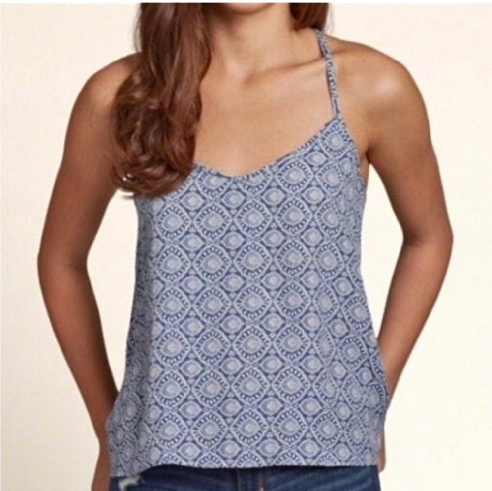 Hollister Tank Top Shirt Strappy Lightweight Airy Cool Blue White Geomtric S
